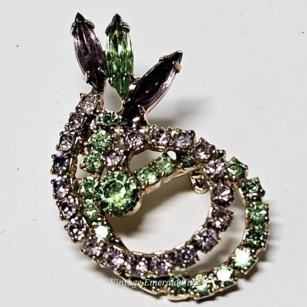 Vtg Unsigned Weiss Swirl Brooch Green & Purple Prong Rhinestones Navette Crystal